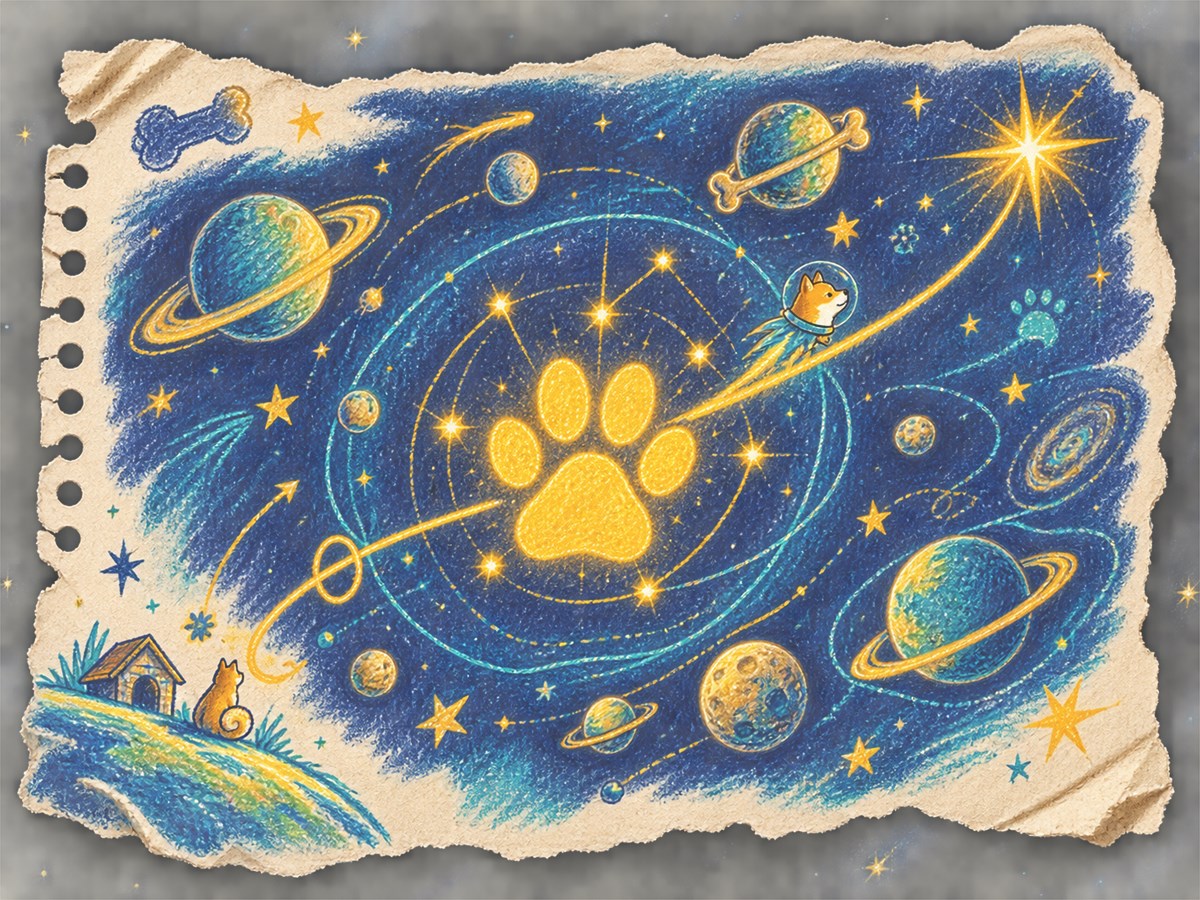 A colored-pencil star map with a golden paw constellation and a tiny Shiba navigator